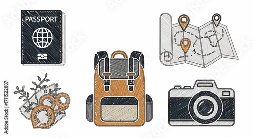 Hand-drawn doodle set of essential travel gear. Icons for adventure, journey, and vacation planning including a passport, camera, and backpack