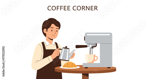 Skilled barista meticulously preparing a fresh hot beverage with a modern coffee machine, offering morning refreshments in a cozy cafe setting