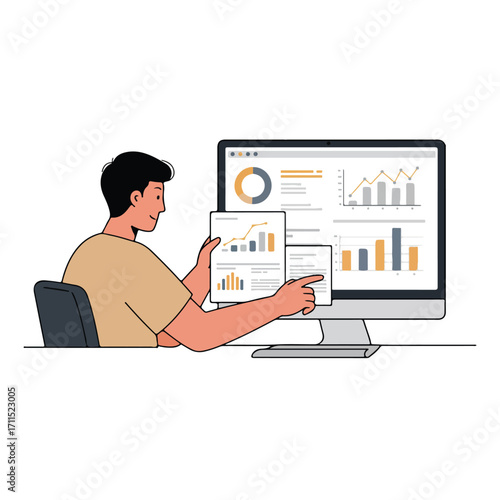 Person examining data charts on a computer screen and two separate documents