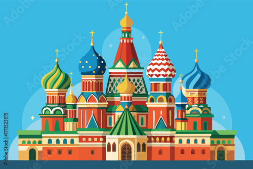 Colorful St. Basil's Cathedral standing against a blue sky in a bright, cheerful illustration