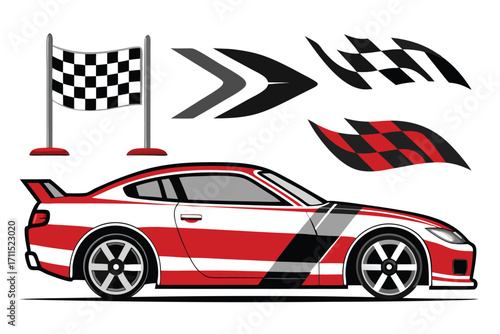 Custom racing car design with dynamic graphics and checkered flags for motorsport enthusiasts