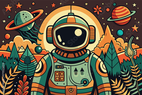 Colorful astronaut stands amidst vibrant planets and foliage in surreal landscape scene