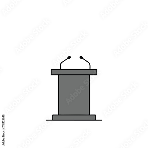 Stylized gray podium with dual microphones, isolated on white backdrop, simple graphic
