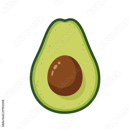 Slice of cartoon avocado with a large pit, showing its green flesh and dark green skin