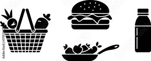 Stylized icons of healthy groceries, a juicy burger, and a refreshing drink
