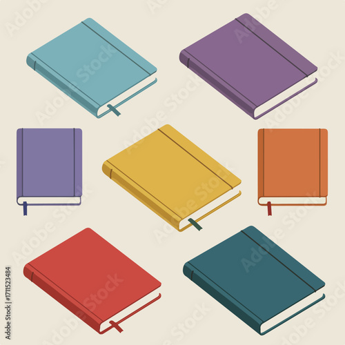 Seven isometric journals of different colors are scattered against a neutral background