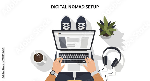 Conceptual illustration of a person's hands typing on a laptop with coffee and headphones, representing a digital nomad workstation