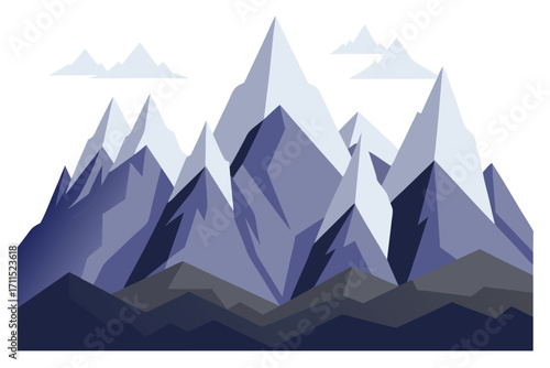 Majestic mountain peaks rise in a cool blue and gray palette under a cloudy sky