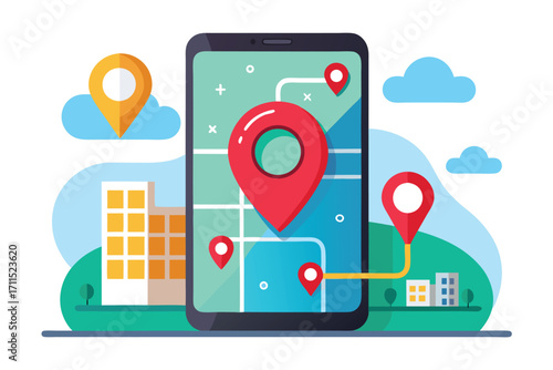 Smartphone displays digital map with location pins on a sunny day