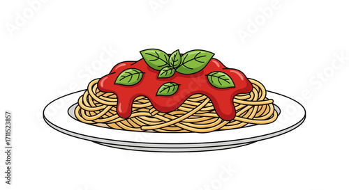 A delightful plate of classic Italian spaghetti prepared by a chef with tomato sauce and basil