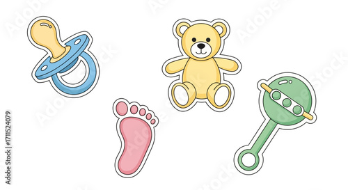 Set of charming baby-themed icons including a pacifier, teddy bear, baby footprint, and rattle on a white background, perfect for invitations and decor