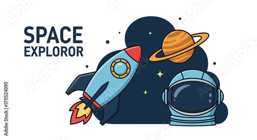 Vibrant cartoon illustration of a space rocket taking off, a ringed planet, and an astronaut's helmet in a starry universe, perfect for themes of cosmic adventure