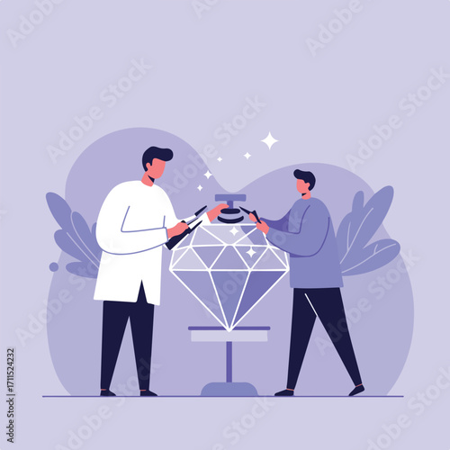 Two men polishing a giant diamond gemstone with tools on a lavender-toned backdrop