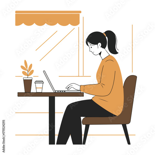 A woman works at a laptop near a window, with plant and coffee on table
