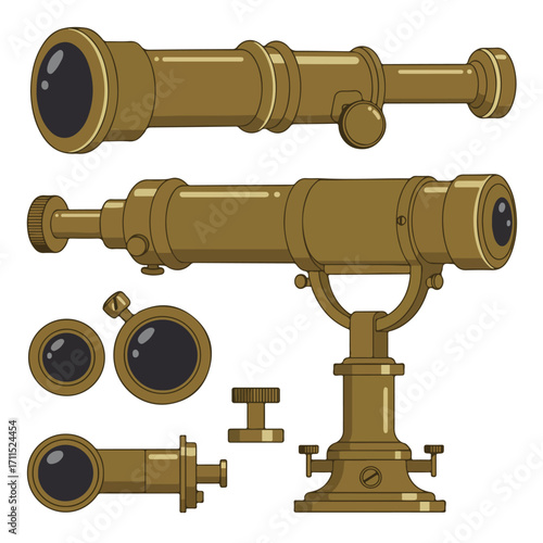 An illustration shows a disassembled brass telescope and its component parts on a white background