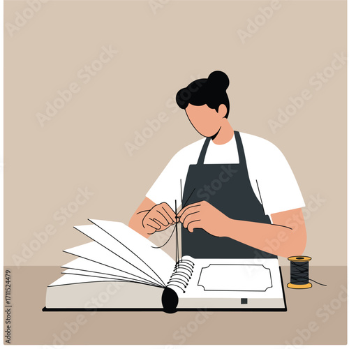 Woman in apron sewing book pages at a table with thread in muted colors, simplistic art