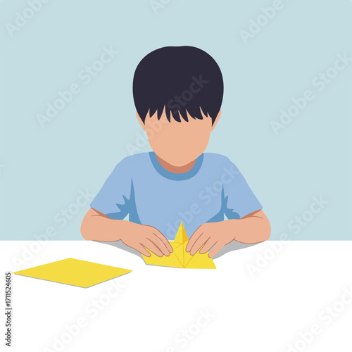 Boy folding yellow paper at table, crafting origami with faceless, simple vector style