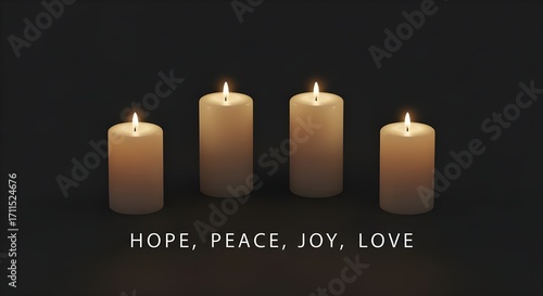 Four candles with the message HOPE, PEACE, JOY, LOVE