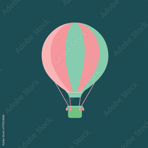 Minimalist hot air balloon with pink and teal stripes, against a dark teal background