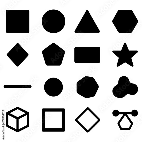 Geometric Shapes: A collection of various geometric shapes, rendered in minimalist black and a sleek, clean aesthetic. A diverse assortment of essential shapes for design projects.