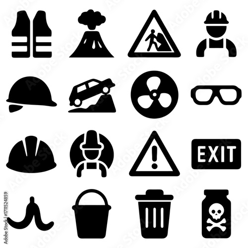 Workplace Hazard Icons: A collection of high-contrast, monochromatic vector icons presenting essential safety symbols and equipment commonly found within a work environment.