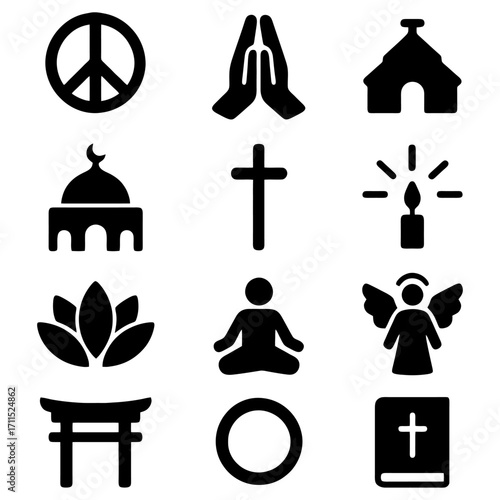 Religious Symbols in Harmony: A collection of iconic religious symbols are artfully depicted in a clean, minimalist style. It represents unity and peaceful coexistence of faith traditions. 