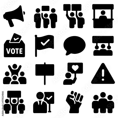 Iconic Protest Set: This striking image showcases a powerful collection of silhouette icons representing various aspects of protest, activism, and civic engagement.