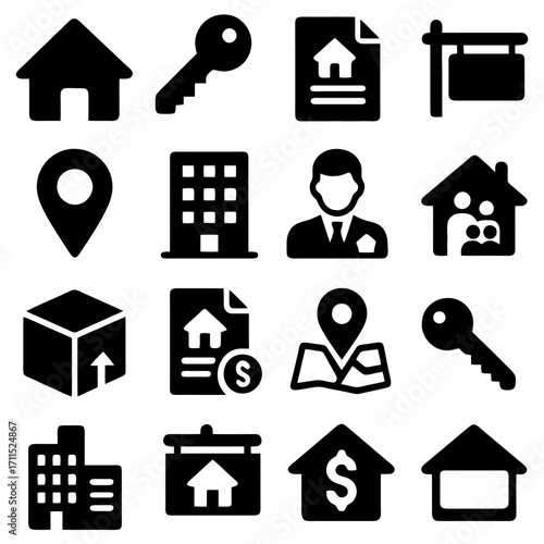 Real Estate Icons : A collection of real estate icons arranged neatly, showcasing a variety of housing and property-related symbols, designed to represent the essence of the real estate industry. 