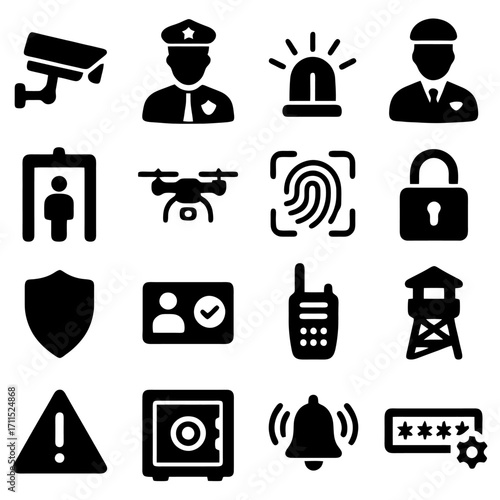 Security Icon Set: A collection of diverse icons representing various aspects of security, vigilance, protection, safety, and surveillance.