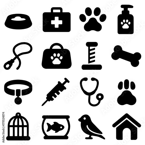 Essential Pet Care Icons: A collection of meticulously crafted, singular icons symbolizing key aspects of pet care, providing a comprehensive visual guide for pet owners and enthusiasts alike.