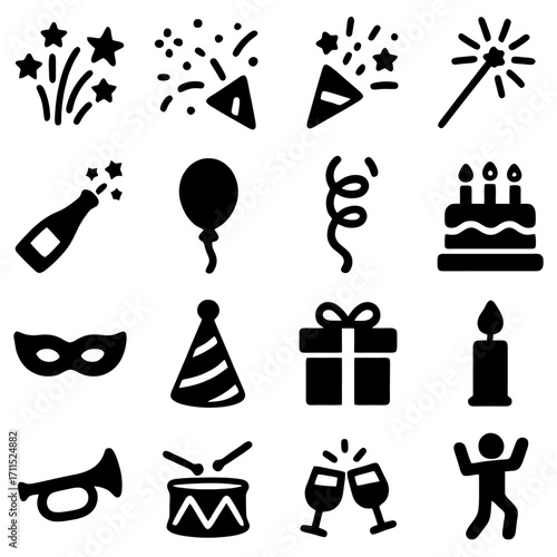 Festive Iconography: A collection of vector icons showcasing the elements of celebration, from dazzling fireworks and confetti to joyous moments marked by balloons, cake, and champagne.