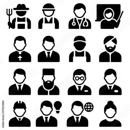 Icons of Dedication: A visually captivating array of profession icons, depicting the diverse roles and expertise found across various career paths, all rendered in a sleek monochrome style.