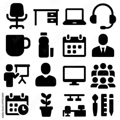 Office essentials illustrations: A compilation of office equipment, meticulously crafted in simple and modern flat design, offering a clean aesthetic.