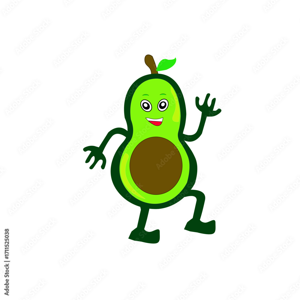 Fototapeta premium Cheerful and vibrant cartoon avocado character, full of life and joy, waving hello with a friendly smile, ideal for healthy food promotion, children's content, or fun design projects
