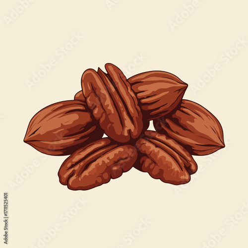 Cartoon illustration of a pile of pecan nuts on a cream-colored background