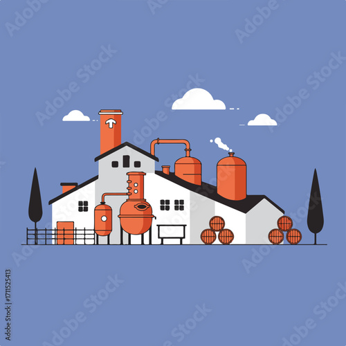 Orange and white industrial distillery building scene with blue background and stylized trees
