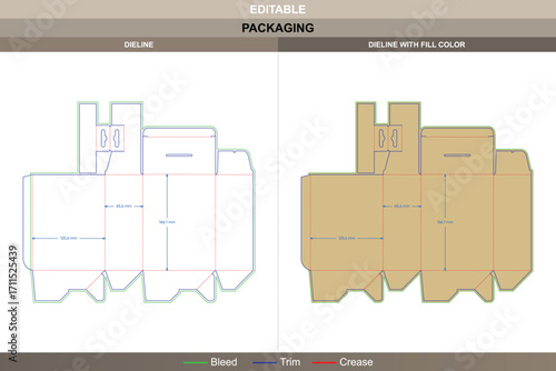 Back open tuck end box dieline in custom dimensions, editable carton packaging template with folding design layout, branding options, and precise structural die line