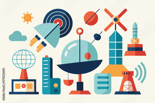 Colorful illustrations of space exploration, technology, and renewable energy in a playful design