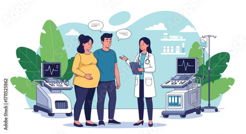 Adobe illustrator artwork vector illustration. A pregnant woman and her partner discuss with a female doctor in a clinic setting, surrounded by medical monitors and plants