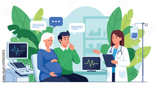 Adobe illustrator artwork vector illustration. A pregnant woman and her partner discuss with a female doctor in a clinic setting, surrounded by medical monitors and plants