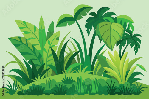 Lush green jungle plants filling a vibrant digital landscape with various leaf shapes and textures