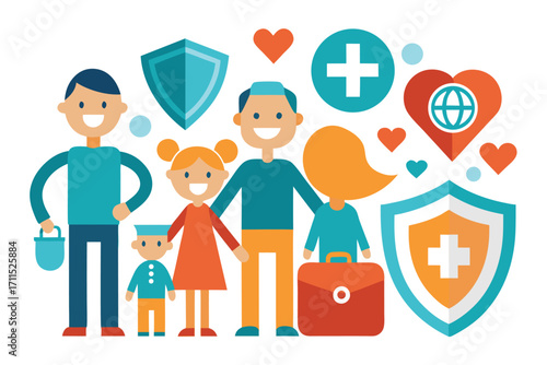 Family enjoying health and safety with symbols of care and wellness in a bright, colorful illustration