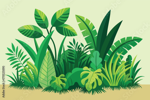 Vibrant green foliage and tropical plants in a lush garden setting showcasing nature's beauty