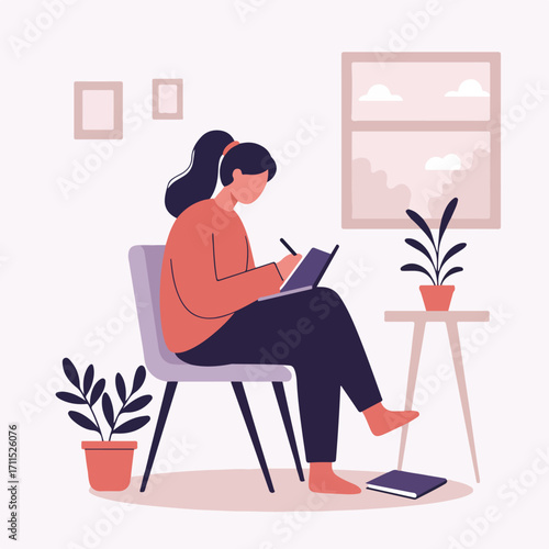 Woman with ponytail sits writing in notebook in a room with plants and a window view