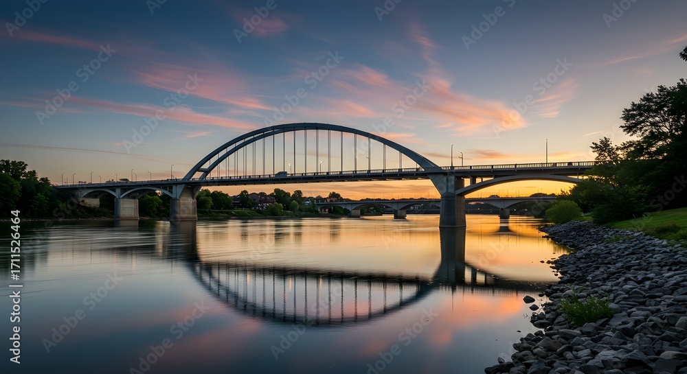Fototapeta premium Bridge over river sunset reflection