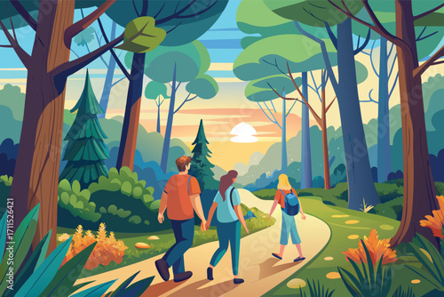 Friends walking on a forest path during sunset while enjoying nature