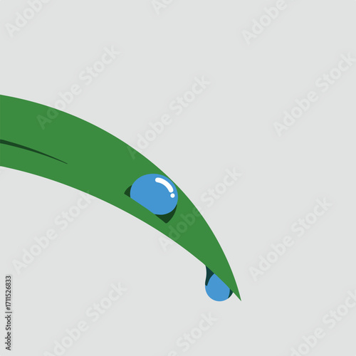 Stylized water drops cling to a green leaf, isolated on a neutral background