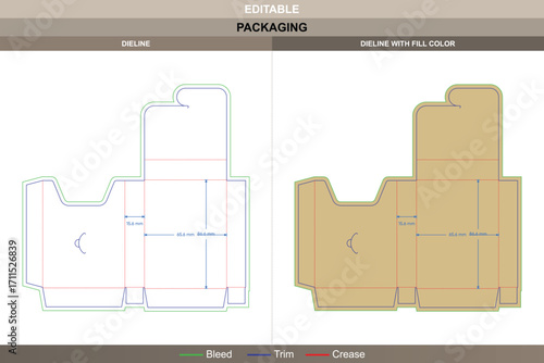Card tuck end box dieline in custom dimensions, editable carton template for packaging design, folding layout structure, and branding setup with accurate die line