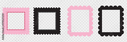 Scallop frame border icon. Collection of pink and black decorative frames with scalloped edges, ideal for scrapbooking, design projects,greeting card,  invitations, or creative templates.
