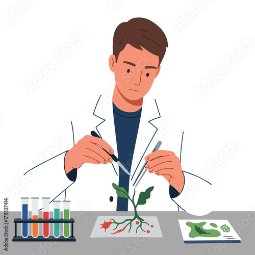 A scientist carefully analyzes plant samples with dropper and tweezers in a laboratory setup